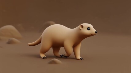 A cute cartoon-style light brown ferret or weasel-like animal walking on a sandy, desert-like ground with small rocks.