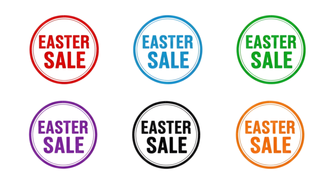 Collection of six colorful circular rubber stamp-style badges announcing an Easter sale event on a transparent background - Powered by Adobe