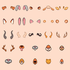 A playful set of animal ears, noses, horns, and antlers for character creation. Perfect for avatars, stickers, costume elements, and game assets with clean lines, pastel colors, and a cute minimalist 