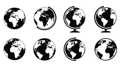 A set of monochrome globe icons in varying orientations and perspectives