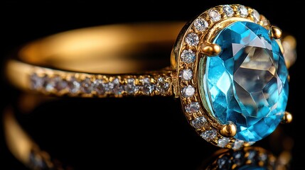 Close Up of Golden Ring with Large Oval Blue Gemstone and Sparkling Diamond Halo on Black Background