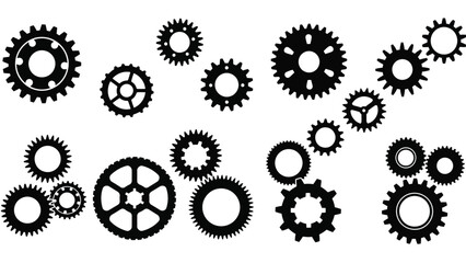 An assortment of black gears and cogs arranged in a scattered mechanical design