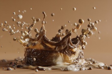 Dynamic Brown Liquid Crown Splash Against Beige Background With Droplets and Texture