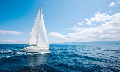 Obraz premium a sailboat with white sails sailing on the blue sea, with bright sunshine and white clouds in the sky