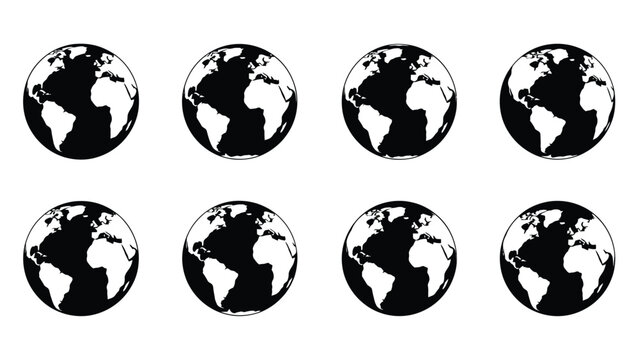 A simple arrangement of eight black and white globe icons on a white background