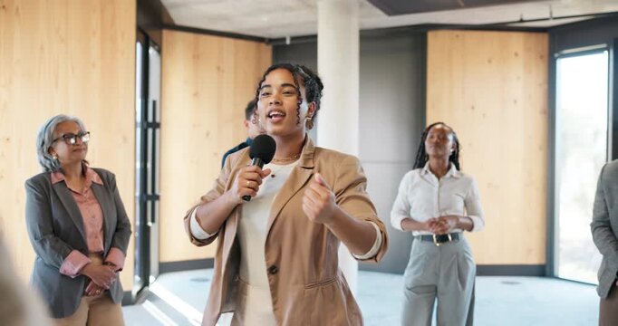 Business, growth and microphone with motivational speaker woman in office for life coaching. Audience, inspiration and speech with person in workplace for employee development, pep talk or support