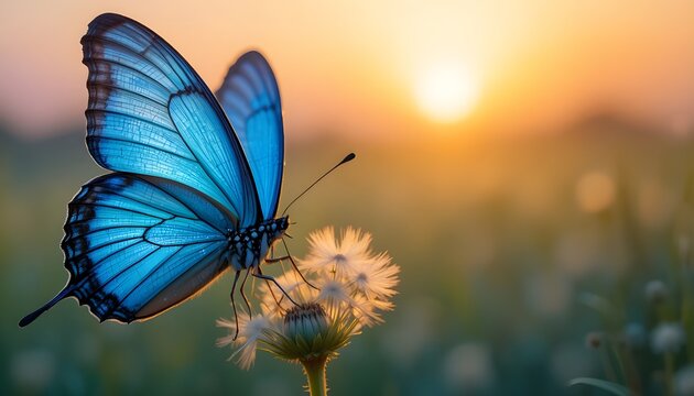 Fototapeta Natural Pastel Background Featuring Blue Morpho Butterfly and Dandelion Seeds Against a Sunrise with Ample Copy Space