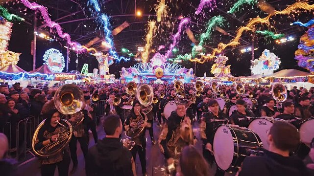 Spectacular Brass Band Performance Under Colorful Lights at Night Festival.