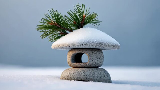 Snowcovered stone lantern with pine branch in winter serenity landscape