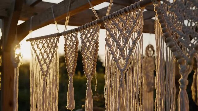 Sunlit Macrame Decorations Hanging Outdoors, Woven Art Display at Golden Hour