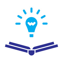 Two-color blue icon of light bulb over open book, representing creative ideas and innovation in learning.