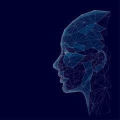 Abstract side profile. AI assistant or artificial intelligence agent concept. Low-poly wireframe head of humanoid robot in futuristic technology style. Blue hi-tech background. Digital avatar.