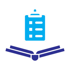 Two-color blue icon of clipboard over open book, representing exam tasks and assessment.