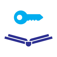 Two-color blue icon of key over open book, representing unlocking knowledge and learning access.