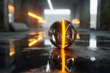 Futuristic Orb With Glowing Orange Lines Reflecting On Wet Concrete Floor In Dimly Lit Industrial Space