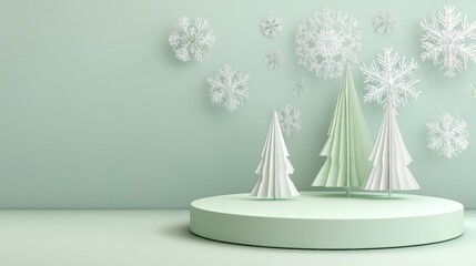 Minimalist Christmas Scene with Paper Trees and Snowflake Decorations on Green Background