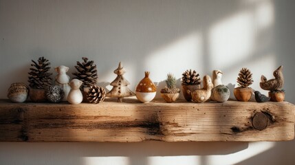 A rustic wooden shelf with leftover Christmas ornaments pinecones small decorative figurines morning light casting soft shadows clean