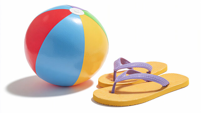 Bright beach ball and colorful flip flops on sandy surface