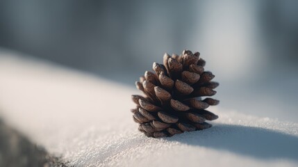 A single pine cone resting on a snowy ledge soft sunlight casting gentle shadows clean minimal background professional