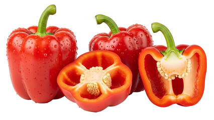 Vibrant red bell peppers glistening with water droplets, showcasing freshness and healthy ingredients.