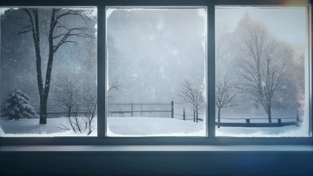 Cozy winter scene through frosted window bare trees snow falling gentle snowfall serene atmosphere peaceful nature backdrop