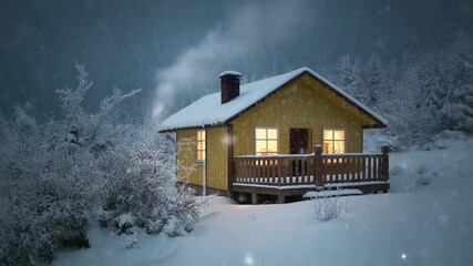 Cozy Yellow Cabin Snowfall Winter Forest Warm Lighted Windows Smoke Chimney Peaceful Secluded Retreat Evening Serenity