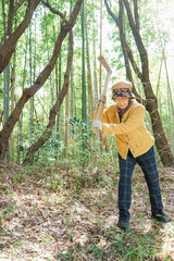 タケノコ刈りをする高齢の女性