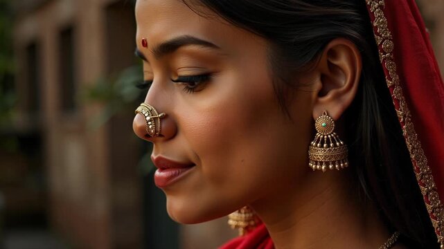 Close up profile of beautiful Indian woman wearing traditional gold nose ring and earrings, cultural fashion and ethnic jewelry portrait with shallow depth of field.