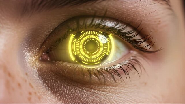 Futuristic human eye featuring a glowing yellow digital interface overlaying the pupil symbolizing advanced bionic technology and cybernetics