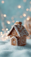Gingerbread House with White Frosting on Simulated Snow with Blurred Lights