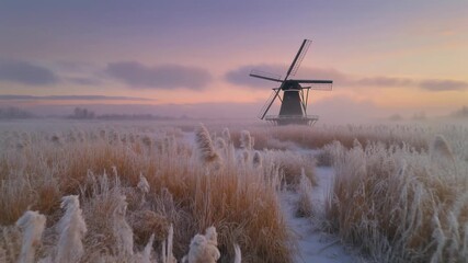 Dutch windmill in frosty winter landscape at sunrise with pastel sky and mist over reeds traditional windmill - Powered by Adobe