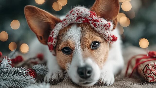 Cozy Christmas Puppy Wearing Knit Hat Lying Down