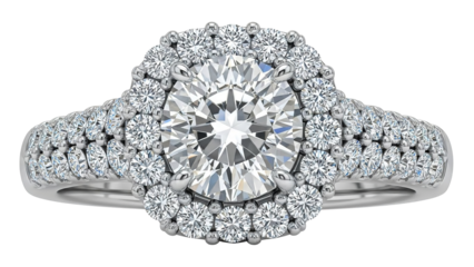 Sparkling diamond engagement ring with double halo design on a white background.