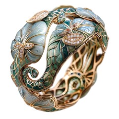 Luxurious floral bracelet with diamonds and enamel on a transparent background