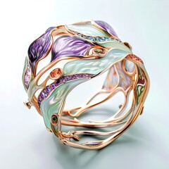 Elegant floral bracelet with colorful enamel and gemstones on a transparent background