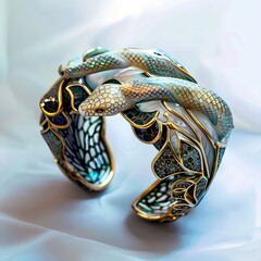 Luxurious snake-shaped bracelet with intricate enamel design on a transparent background