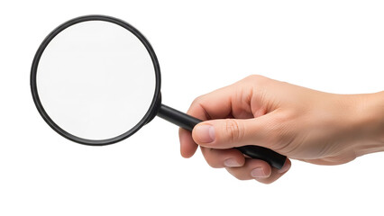 Hand holding a magnifying glass, searching for details, isolated on white background
