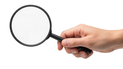 Hand holding a magnifying glass, searching for details, isolated on white background