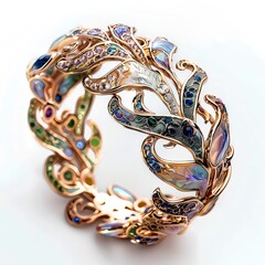 Intricate leaf-patterned gemstone bracelet on a transparent background