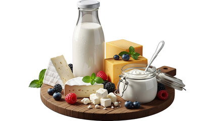 Assortment of fresh dairy products and berries on a wooden board, a healthy and delicious breakfast.