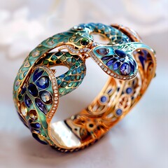 Luxurious gemstone bracelet with snake and peacock design on a transparent background