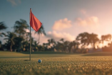 Golf Ball on Green with Red Flag at Sunset and Blurred Background