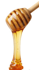 Golden honey dripping from a wooden dipper, a sweet natural treat.
