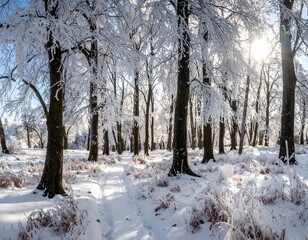 Sunny winter landscape with snowy path in the middle of forest
