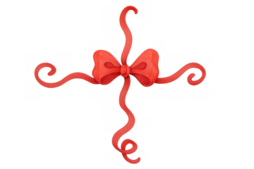 Hand painted watercolor red ribbon bow with curly flowing festive streamers, decorating celebration gifts and borders