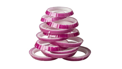 Bright red onion rings stacked artistically against a clean white background