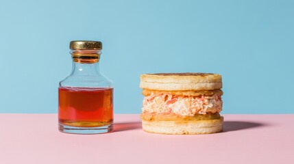 Miniature Whiskey Bottle Beside Lobster Sandwich On Pink And Blue Background