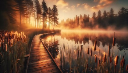 Obraz premium Misty Sunrise Over Forest Lake with Wooden Boardwalk, Cattails, and Pine Reflections
