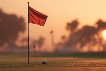 Golf Course Landscape with Red Flag at Sunrise with Ball in Foreground and Blurred Background