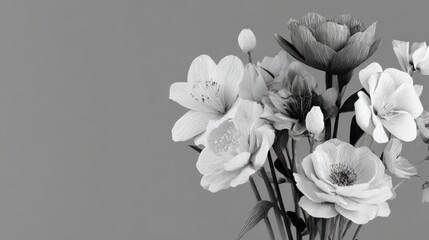 Monochrome Floral Arrangement Against Gray Background Featuring Various Blooms And Buds